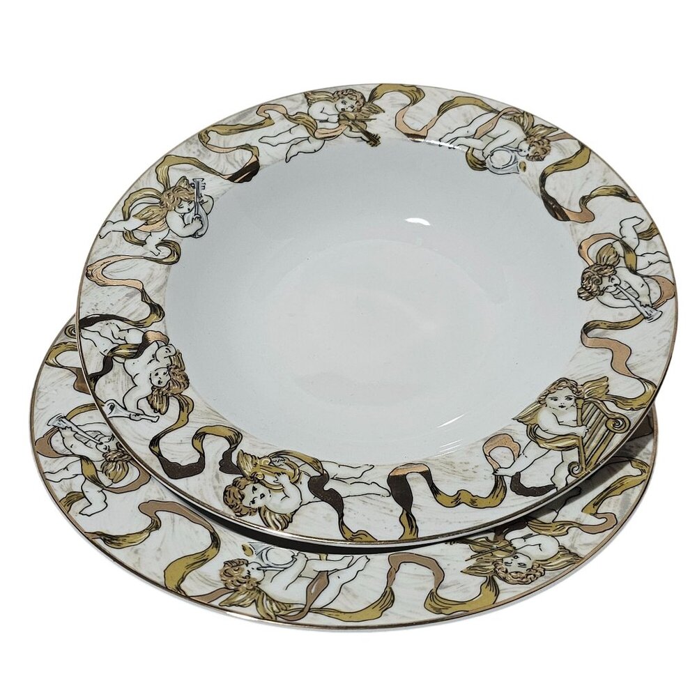 2 American Atelier Heavenly Host Soup Bowl 9" cherub gold ribbon gilt trim luxur